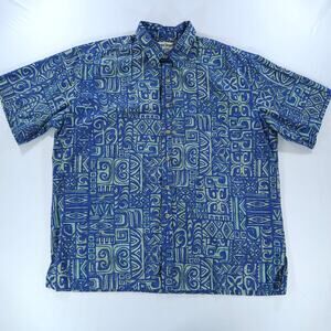 Vintage Cooke Street Honolulu Hawaiian Shirt 2XL Tribal Print Blue Green Cotton